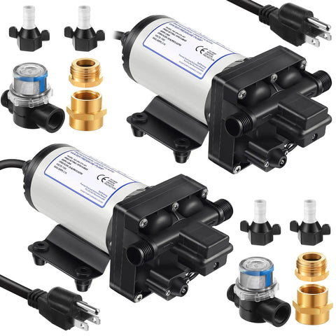 Two Pack 110V Water Pressure Booster Pump With Beefy 5.5 GPM At 70 PSI, self-priming with brass fittings, power plug, and filter.