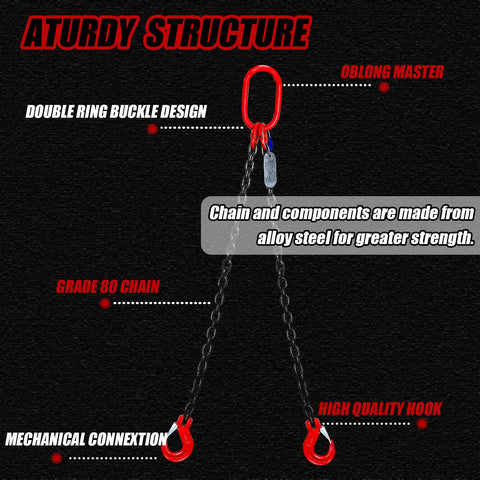 Heavy Duty Double Leg Chain Sling With Grab Hooks, 5 Foot Length And Five Sixteenth Inch Chain, Lifting Up To Three Tons, G80 Alloy Steel, Standard Marking For Cargo Handling, Towing And Security, Black.