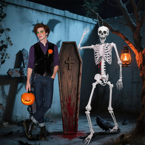 Epic Life Size Halloween Skeleton With Movable Joints next to coffin, lantern, and crow in spooky outdoor setting