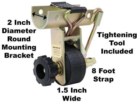 Two Pack Ladder Rack Tie Downs With Round Mounting Brackets Bolt Kit Included 2 Inch Diameter Round Mounts Eight Foot Black Straps