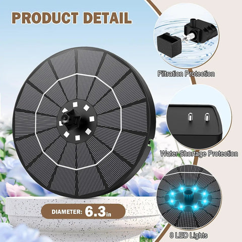 Solar Bird Bath Fountain With Colorful Lights Auto Cycle 3.5W Outdoor Garden Water Feature 2200mAh Battery Quick Start.