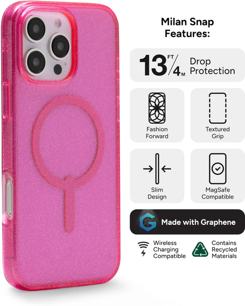Milan Snap Case For IPhone 16 Pro Max Pink Glitter MagSafe Compatible Case With 13 Foot Drop Protection Made From Recycled Materials