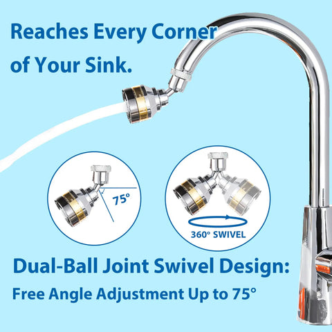 360 Degree Swivel Kitchen Faucet Aerator Replacement 2 Function Stream Spray Sprayer Attachment in chrome finish, showing dual-ball joint design.