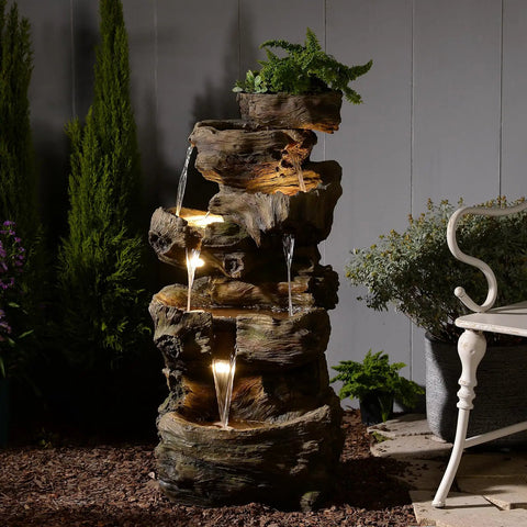 Outdoor Water Fountain With 5 Tiers Cascade Design Realistic Tree Trunk Style LED Lights For Garden Patio Backyard Porch Home Decor Tall 40 Inch Cascading Gorgeous Waterfall Fountain