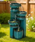 Cool 19.3 Inch Outdoor Water Fountain With LED Lights Four Tier Cascading Water Feature For Garden Patio Yard Or Porch Polyresin Faux Ceramic Pedestal Pump Included