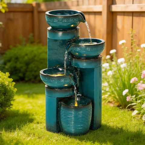 Cool 19.3 Inch Outdoor Water Fountain With LED Lights Four Tier Cascading Water Feature For Garden Patio Yard Or Porch Polyresin Faux Ceramic Pedestal Pump Included