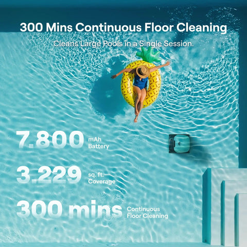 Top view of a pool with Sora 10 Cordless Pool Vacuum Robot For Inground And Above Ground Pools, 6800 GPH Suction, cleaning near a swimmer.