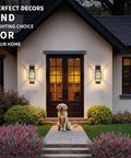 Knockout Two Pack Dusk To Dawn Outdoor Wall Sconces With Built In Photocell Waterproof Black Coach Lanterns Dimmable porch lights illuminating home entrance.
