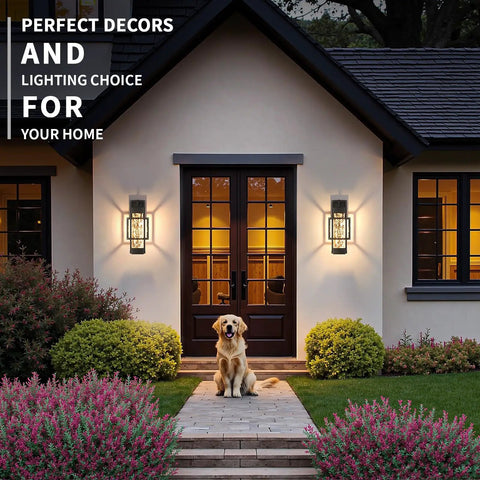 Knockout Two Pack Dusk To Dawn Outdoor Wall Sconces With Built In Photocell Waterproof Black Coach Lanterns Dimmable porch lights illuminating home entrance.