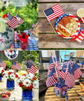 Six Pack 4x6 Inch Small American Flags On Wooden Sticks Handheld USA Flags arranged on table for party decor