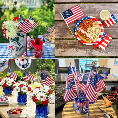 Six Pack 4x6 Inch Small American Flags On Wooden Sticks Handheld USA Flags arranged on table for party decor