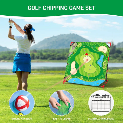 Vertical Golf Chipping Game With Stand Upgrade 54 By 54 Inch Hitting Mat And Practice Set With Sticky Balls, player aiming