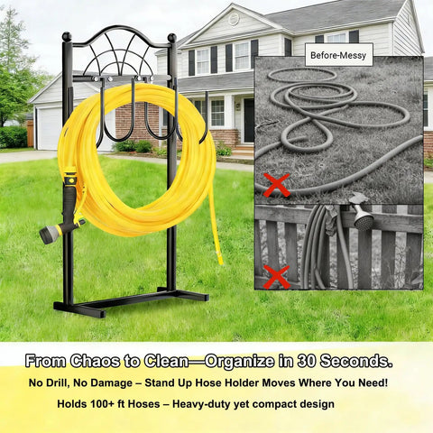 Heavy Duty Freestanding Garden Hose Holder With Four Prongs A Real Workhorse Metal Hose Reel Stand demonstrated in outdoor yard