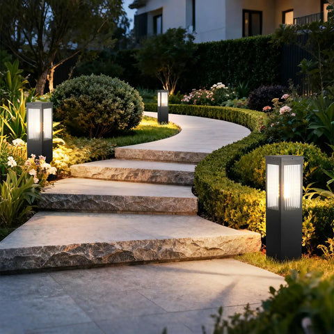 Heavy Duty Outdoor Path Light 15.75 Inches Modern Landscape Bollard illuminating a garden walkway with warm glow.