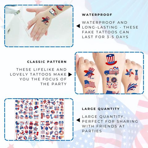 Lit Glow In The Dark 105 Piece Patriotic Temporary Tattoos Set For Independence Day Featuring American Flag Stars And Eagles shown on hands
