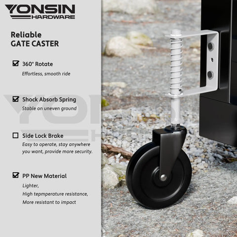 5 Inch Heavy Duty Spring Loaded Gate Caster With 360 Degree Swivel Wheels For Wooden And Metal Gates, No Sag Kit, side view