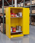 Heavy Duty Flammable Storage Cabinet 60 Gallon Double Wall Safety Vault Premium Industrial Fire Resistant Chemical Locker with open door in warehouse.