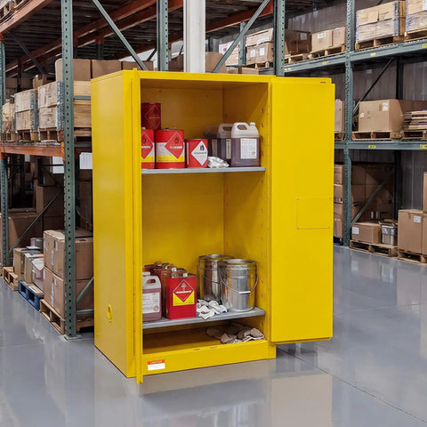 Heavy Duty Flammable Storage Cabinet 60 Gallon Double Wall Safety Vault Premium Industrial Fire Resistant Chemical Locker with open door in warehouse.