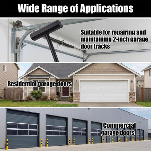 Image showing a garage door track with text highlighting suitability for residential and commercial garage door repairs.
