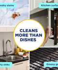 Collage showing Powerwash Spray Dish Soap Fresh Scent Starter Kit With Three Refills Four 16 Ounce Bottles used on various surfaces.