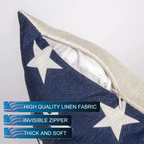 Close-up of patriotic 18x18 inch throw pillow cover with stars and blue fabric, showing invisible zipper design, part of set of 4.