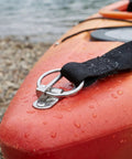 Heavy Duty Stainless Steel Locking Linch Pins With O-Ring Retainers secure strap on a wet orange kayak for marine gear.