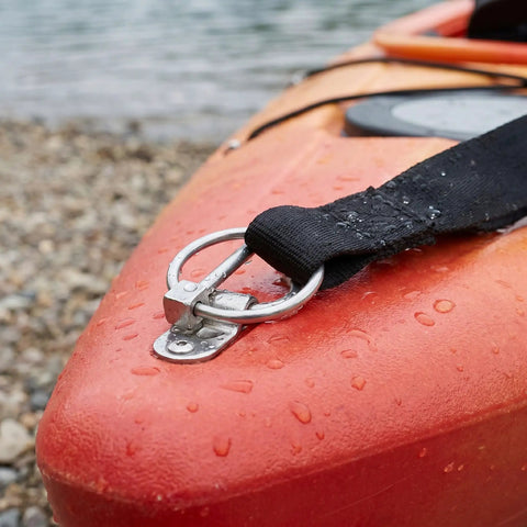 Heavy Duty Stainless Steel Locking Linch Pins With O-Ring Retainers secure strap on a wet orange kayak for marine gear.