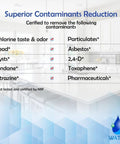 List of contaminants reduced by Everydrop Style Replacement Water Filter For EDR2RXD1 And W10413645A, shown on kitchen table.