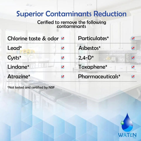 List of contaminants reduced by Everydrop Style Replacement Water Filter For EDR2RXD1 And W10413645A, shown on kitchen table.