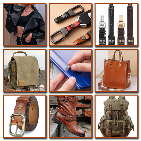 Badass Dope Gold Chicago Screws Rivet Kit With Hassle Free Installation Tools For Tough Leather Craft Fabric Art And Bookbinding Repairs On Bags Shoes And Pet Collars, showcased in a collage of leather goods and accessories.