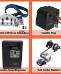 Built Tough Bench Belt Sander And Disc Grinder features variable-speed regulator and suitable plug, showcasing sanding accessories.