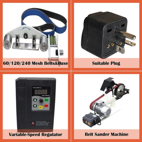 Built Tough Bench Belt Sander And Disc Grinder features variable-speed regulator and suitable plug, showcasing sanding accessories.