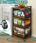 Sleek Four Tier Rolling Storage Cart Built With Sturdy Metal And Smooth Wood Shelves Perfect For A Small Kitchen Island Coffee Bar Setup Slick Daily Makeup Organizer Or Straight Up Game Changing Home Essential with snacks on shelves.