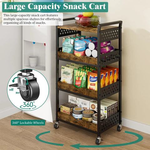 Sleek Four Tier Rolling Storage Cart Built With Sturdy Metal And Smooth Wood Shelves Perfect For A Small Kitchen Island Coffee Bar Setup Slick Daily Makeup Organizer Or Straight Up Game Changing Home Essential with snacks on shelves.