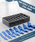 Aluminum Setup Blocks For Woodworking Tools With Height Gauge Easy Block And Ruler Marked Bars Quick Router And Table Saw Setup Precision Measurements Case Included 16 Block Set in open case showing individual blocks.
