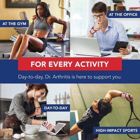 Collage: Pink wrist brace for carpal tunnel and tendonitis at gym, office, kitchen, and tennis court
