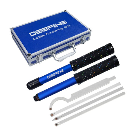 Carbide Tip Wood Lathe Turning Tool Kit With Interchangeable Aluminum Handle for fast roughing and smooth finishing, shown with case and inserts.
