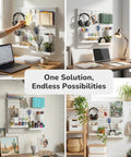Boss Level Peg Board Wall Organizer With Expanding Plastic Panels For Home Office Storage Craft Room Vibes And Gaming Setup White 22x22 Inches on a desk with storage and accessories.