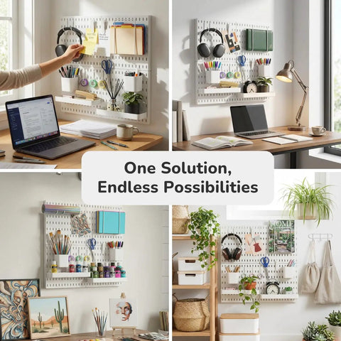 Boss Level Peg Board Wall Organizer With Expanding Plastic Panels For Home Office Storage Craft Room Vibes And Gaming Setup White 22x22 Inches on a desk with storage and accessories.