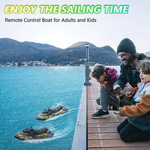 Family enjoying remote control with Brushless RC Jet Boat With Water-Cooled Motor For Max Torque And Quick Cool Runs High Speed 25 KMH