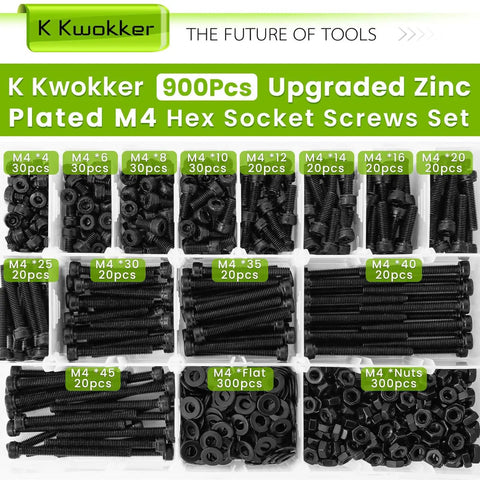 All In One 900 Piece M4 Nuts Bolts And Washers Set 4mm To 45mm Upgraded Zinc Plated 12.9 Alloy Steel Hex Socket Head Kit