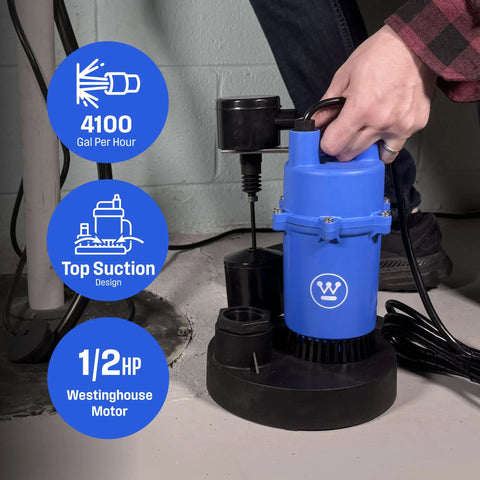 Half Horsepower Submersible Sump Pump With Automatic Vertical Float Switch Built For Basement And Crawl Space Flood Defense