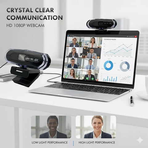 4K Ultra HD Webcam With Stand And LED RGB Lighting, 95 Degree Wide Angle, Auto Focus, 1080P60FPS Video, USB 2.0 For Video Conferencing