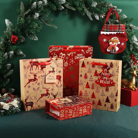12 Piece Set Of Large Kraft White Gift Bags With Red Paper Accents For Candy Packaging Great For Store Displays Parties And Festivals Includes Letter Hang Tags Sized 26x32x10 Cm displayed in festive setting