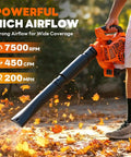 Beast 3-In-1 Gas Leaf Blower Mulcher And Vacuum With 450 CFM Air Flow And 200 MPH Velocity, shown in use blowing autumn leaves