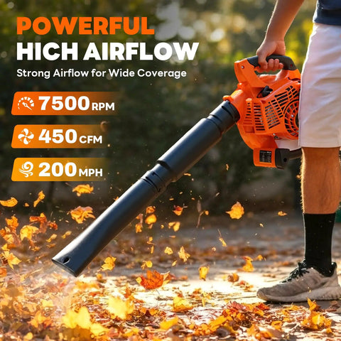 Beast 3-In-1 Gas Leaf Blower Mulcher And Vacuum With 450 CFM Air Flow And 200 MPH Velocity, shown in use blowing autumn leaves