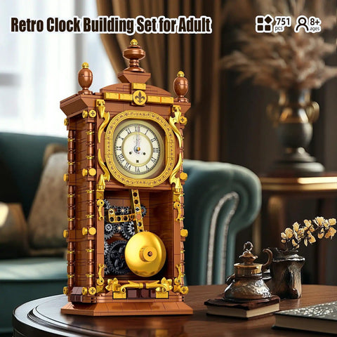 Pendulum Clock Building Blocks Kit For Adults And Kids, 751-Piece LEGO-Compatible Set With Real Clock Function displayed on desk