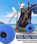 Foldable Beach Cart With 12 Inch Balloon Wheels That Rolls Smooth On Sand And Grass 100 Pound Capacity Wagon displayed on beach