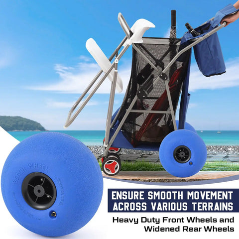 Foldable Beach Cart With 12 Inch Balloon Wheels That Rolls Smooth On Sand And Grass 100 Pound Capacity Wagon displayed on beach