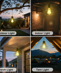 Solar Pendant Lights With Pull Cord And Remote For Outdoor Indoor Use, set on patio, shed, porch, and tent at dusk.